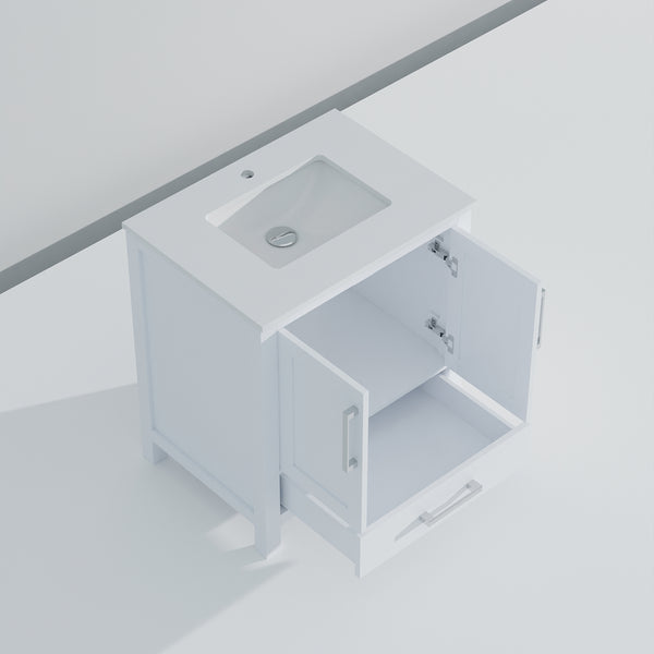 English Elm White Bath Vanity Solid Wood 30" W x 22" D with White Quartz Top, Soft-Close Drawer & Storage B2731P258777