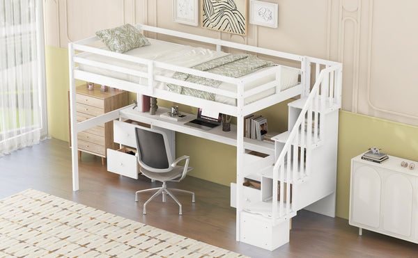 English Elm Twin Loft Bed with Built-In Desk and Double Storage Drawers, Pine & MDF Frame for Small Rooms White GX000382AAK