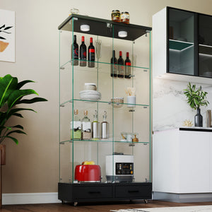 English Elm Modern Glass Display Cabinet With Led Lighting & Drawers – Elegant Black Storage Solution For Home W241P268282