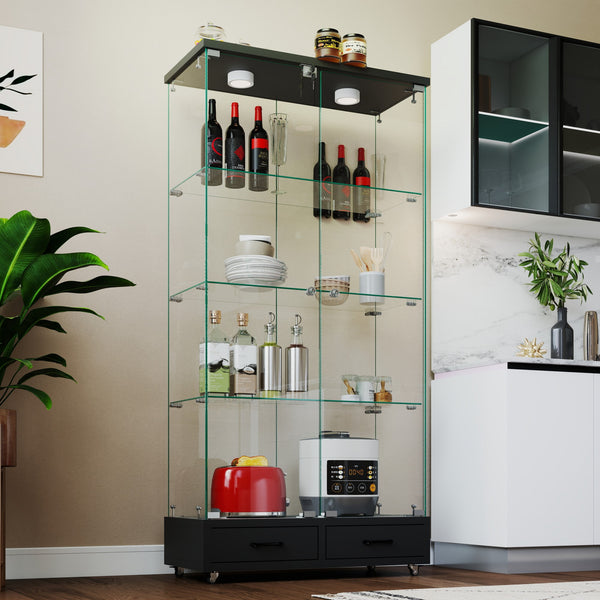 English Elm Modern Glass Display Cabinet With Led Lighting & Drawers – Elegant Black Storage Solution For Home W241P268282