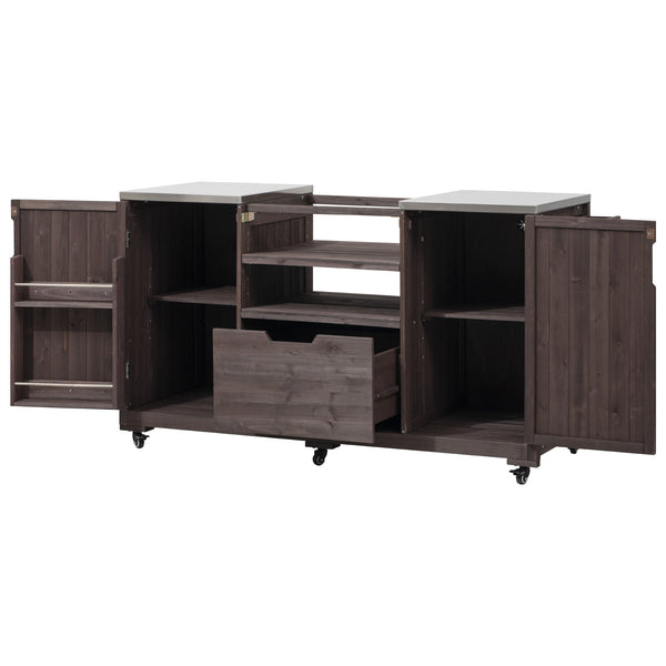 English Elm K&K 66.5" Outdoor Kitchen Island with 1.2" Stainless Steel Top, Ample Storage, Wheels & Bottle Opener Brown N707P250629Z