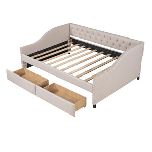 English Elm Upholstered Full Daybed with Linen Tufted Back Rivet Arms and Two Storage Drawers LP002111AAA