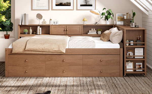 English Elm Twin Daybed Pine Frame with Trundle Desk Hutch Shelves and Storage for Kids Rooms Brown W1580S00459