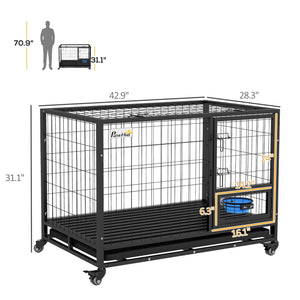 English Elm PawHut Heavy Duty 43" Steel Dog Crate with Wheels, Removable Tray, Top Access & Foldable Bowl Holder Black W2225P217150