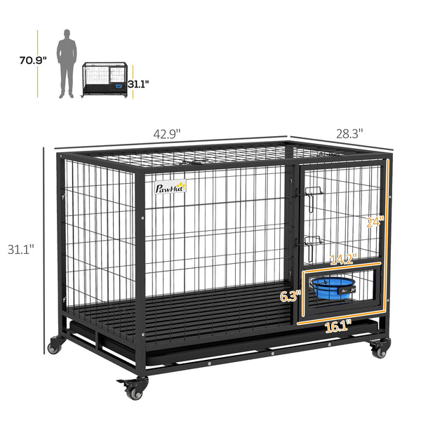 English Elm PawHut Heavy Duty 43" Steel Dog Crate with Wheels, Removable Tray, Top Access & Foldable Bowl Holder Black W2225P217150