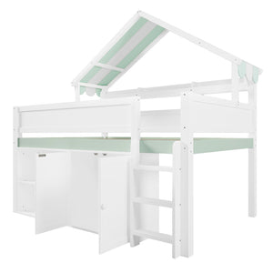 English Elm Full Size Pine Loft Bed with House Canopy Roof Built-in Shelves Kids Bedroom N7090005012F