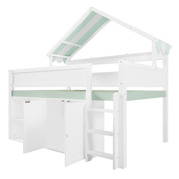 English Elm Full Size Pine Loft Bed with House Canopy Roof Built-in Shelves Kids Bedroom N7090005012F