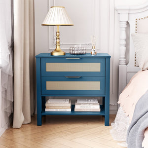 English Elm Rattan Front Boho Coastal Nightstand with Gold Pulls Open Shelf and Woven Drawer Accents Turquoise T3210P471549