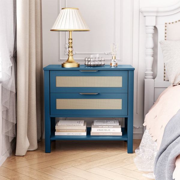 English Elm Rattan Front Boho Coastal Nightstand with Gold Pulls Open Shelf and Woven Drawer Accents Turquoise T3210P471549