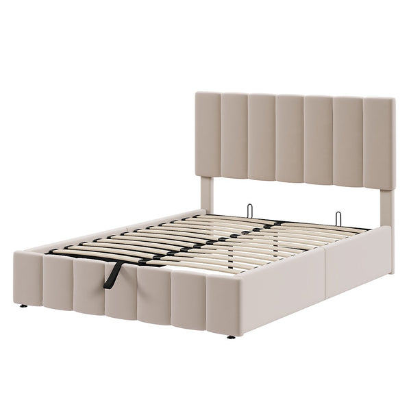 English Elm Full Size Linen Upholstered Platform Bed with Hydraulic Lift Storage and Foam Headboard N708P201551A