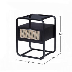 English Elm Metal Frame Accent Table with Tempered Glass Top, Black Finish, Sturdy Metal Nightstand w/ Drawer and Open Shelf for Storage — Modern Glossy Design B016P257184