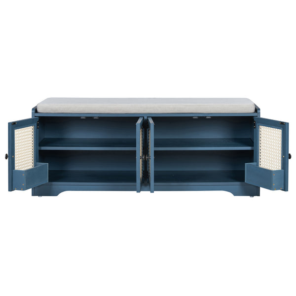 English Elm TREXM Rustic Storage Bench with Woven Rattan Doors, Removable Cushion & Adjustable Shelves for Entryway Home Organizing Antique Navy,Beige N715P308013M