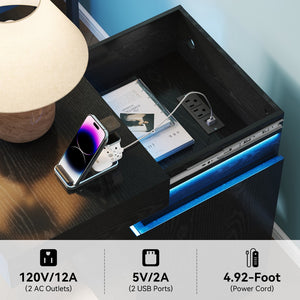 English Elm Nightstand with Rgb Led Lighting and Charging Hub Three Drawer Sleek Modern Bedside Black W5221P421223