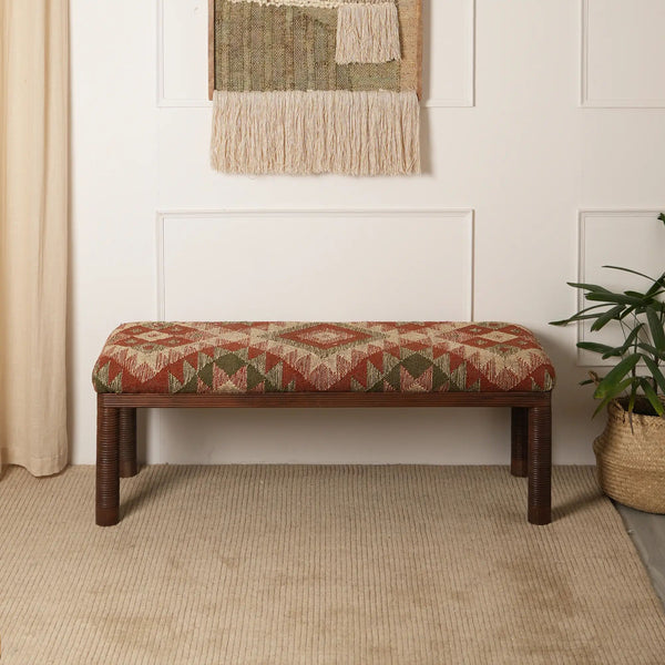 English Elm Kilim Upholstered Wooden Bench with Handwoven Multi Fabric, Rustic Durable Entryway Seating 47.5" B346P320757