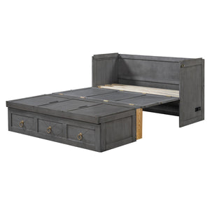 English Elm Full Size Murphy Bed Cabinet with Usb Charging Drawer and Pine Wood Frame Gray LP000427AAE
