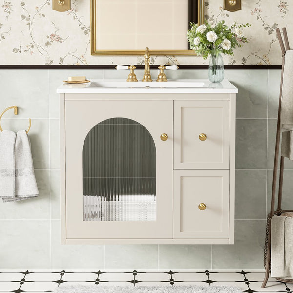 English Elm 24" Modern Wall-Mount Bathroom Vanity with Ceramic Sink, Glass Door Cabinet, 2 Drawers, Soft-Close Beige N710P286704Y