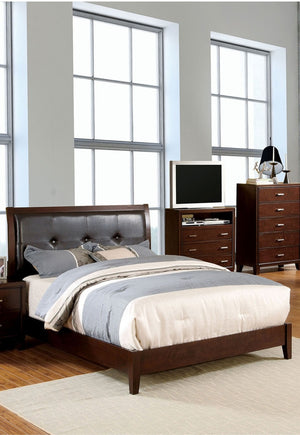 English Elm Eastern King Size Bed Brown Cherry Leatherette Tufted Headboard Solid Wood Contemporary Design 85"L x 79.5"W B011S01830