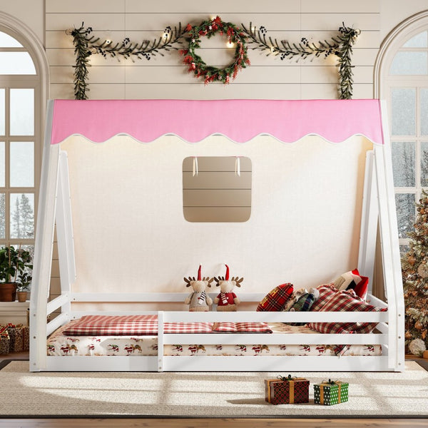 English Elm Twin Montessori Floor Bed Solid Pine Teepee Frame with Guardrails and Canopy Light White+Pink W1580P369467