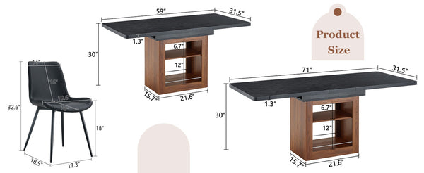 English Elm Scalable Extendable Dining Set with Wood Grain Table and Gray Linen Chairs 8 Piece Walnut+Black W1151S04701