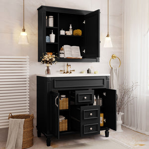 English Elm 36'' Bathroom Vanity with Sink and Mirror Cabinet, Modern MDF & Solid Wood Design, Ceramic Top, Soft-Close Doors Black SW000115AAB-1
