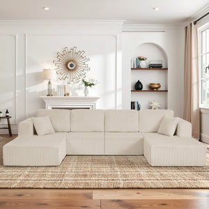 English Elm U-shaped Modular Corduroy Sectional Sofa Sleeper Spacious Living Room Lounge Couch Beige W487S00425