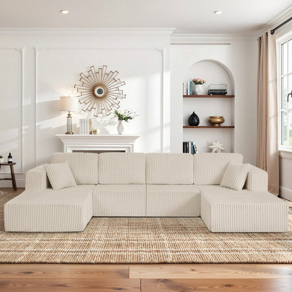 English Elm U-shaped Modular Corduroy Sectional Sofa Sleeper Spacious Living Room Lounge Couch Beige W487S00425