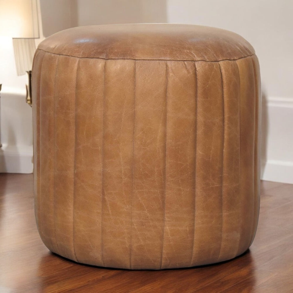 English Elm Solid Wood Buffalo Leather Boucle Footstool - Chic, Handcrafted Accent For Modern Living Spaces B182P249267-GIGA