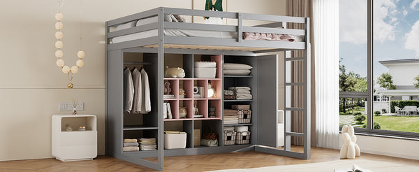 English Elm Twin Loft Bed with Wardrobe Shelves and Cabinet Kids Bedroom Wood Storage Frame Pink+Grey N708S00024E