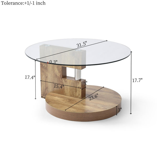 English Elm Modern Round Glass Top Coffee Table with Wood Mdf Base and Open Lower Shelf Natural W1117P272166