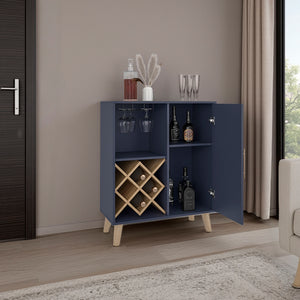English Elm Cave Blue & Walnut Low Bar Cabinet with Open Shelves, Compact Engineered Wood Storage for Home Bars B070P391788