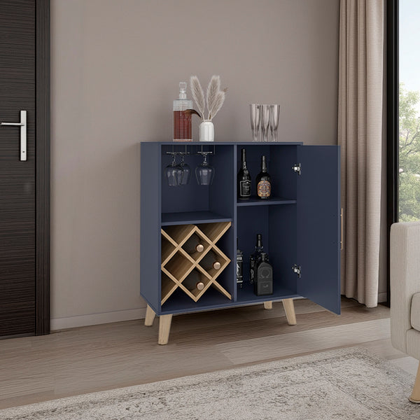 English Elm Cave Blue & Walnut Low Bar Cabinet with Open Shelves, Compact Engineered Wood Storage for Home Bars B070P391788