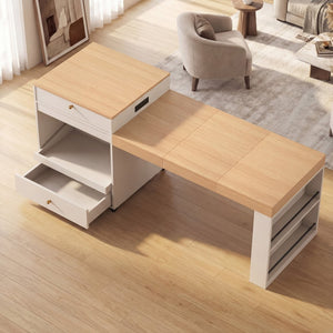 English Elm 78.8'' Fluted Rolling Kitchen Island with Extendable Dining Surface Built-in Power Mdf White B2764S00001