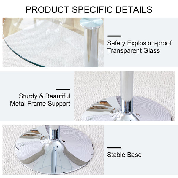 English Elm A glass tabletop 35" Round Dining Table with Electroplated Silver Legs, Minimalist Chic for 4-6 Guests W1151P155921