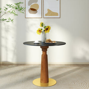 English Elm Modern Round Dining Table - 33.5" Sintered Stone With Wooden Legs & Gold Base For Small Spaces W1535S00569