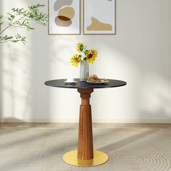 English Elm Modern Round Dining Table - 33.5" Sintered Stone With Wooden Legs & Gold Base For Small Spaces W1535S00569