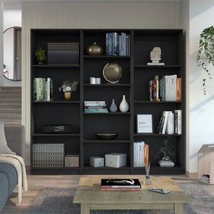 English Elm Lainor 3 Piece Home Bookcase Set with 13 Shelves, 74" Wide Modular Display, Durable Engineered Wood Storage Solution Black 41 L x 28 W x 5 H B200S00321