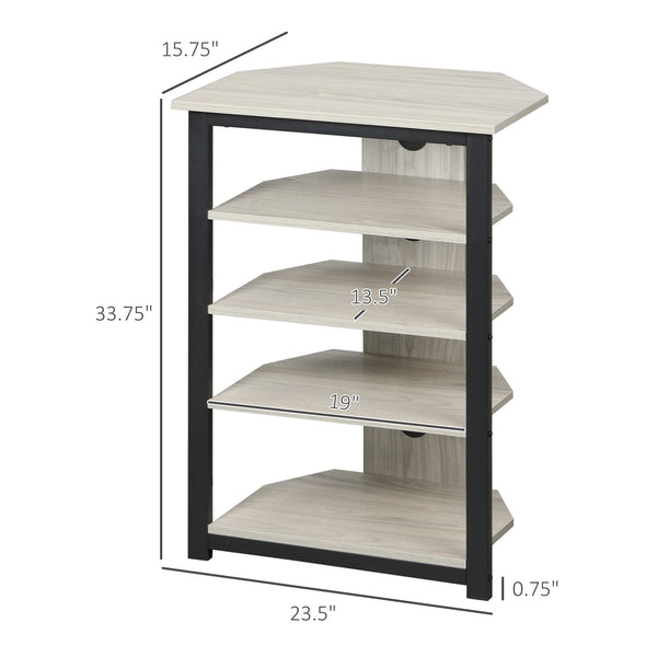 English Elm HOMCOM Corner TV Stand with 4-Tier Shelves, Steel Frame & Cable Management for Small TVs (Gray) W2225P200542