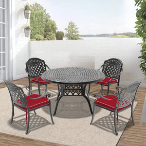 English Elm 5-Piece Cast Aluminum Patio Furniture Set With Plush Red Cushions For Outdoor Dining & Relaxation W1710S00141