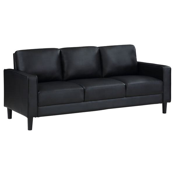 English Elm Farallone Faux Leather Track Arm Sofa with Tapered Legs, Sleek Modern Profile and Smooth Cushions for Compact Living Spaces Black B062P354049