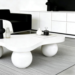 English Elm 46 Inch Cloud Shaped Coffee Table with Ash Veneer Top and Sculptural Sphere Legs White W3935S00007