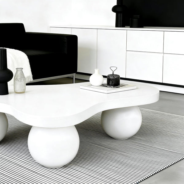 English Elm 46 Inch Cloud Shaped Coffee Table with Ash Veneer Top and Sculptural Sphere Legs White W3935S00007