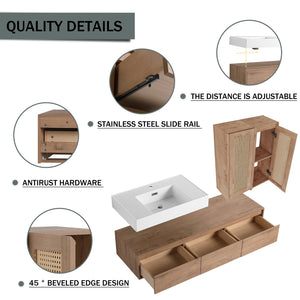 English Elm 60-Inch Wall-Mounted Bathroom Vanity With Integrated Resin Sink, Soft-Close Drawers & Elegant Oak Finish W999S00358