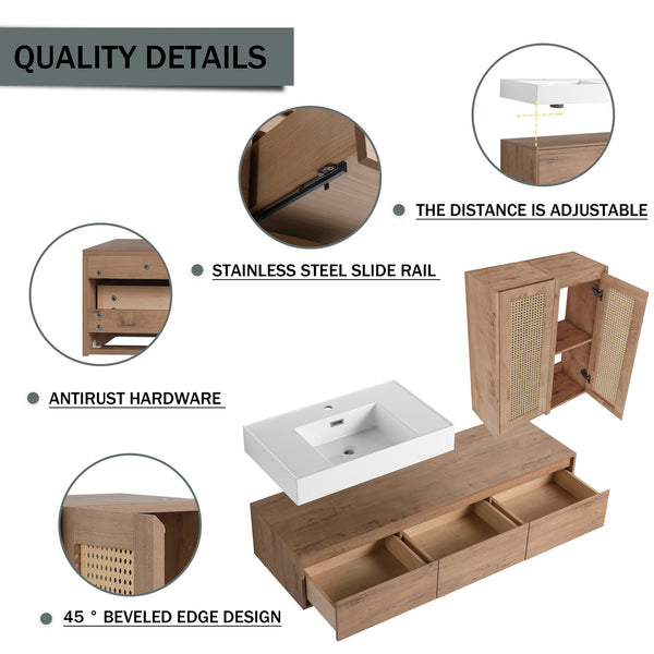 English Elm 60-Inch Wall-Mounted Bathroom Vanity With Integrated Resin Sink, Soft-Close Drawers & Elegant Oak Finish W999S00358