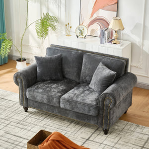 English Elm 63" Modern 2-Seater Sofa with Chenille Velvet, Rolled Arms, Nailhead Trim, Solid Wood Frame Durable Gray W3373S00019