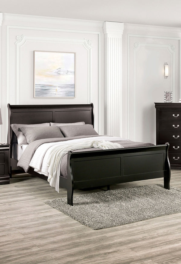 English Elm Black Sleigh Queen Bed with Louis Philippe Style, Curved Headboard & Sturdy Bracket Feet Black 27 L x 55 W x 6 H B2741S00577