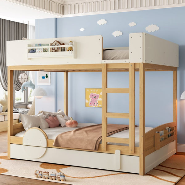 English Elm Queen Bunk Bed with Trundle Solid Pine Kids Car Themed Frame Built-in Bookshelf Natural+Beige W1580S00449