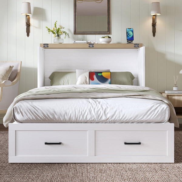 English Elm Murphy Full-Size Cabinet Bed with Built-In Charging Station, Storage Drawer & 700lb Capacity Comfort White 52.5 L x 26 W x 5.5 H N733S293995W