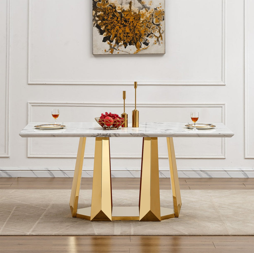 English Elm Marble Dining Table For 6-8, 70'' Rectangle Faux Marble Design With Elegant Gold Stainless Steel Base W3456S00011