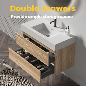 English Elm Grace Mid-Century Wall-Mounted Bathroom Vanity with White Quartz Basin, 20% More Storage, Soft-Closing Drawers and Hidden Handle for Quiet, Durable Modern Style Oak W1865S00115