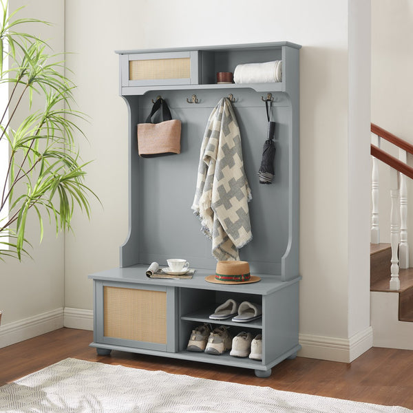 English Elm Clothes Hall Tree Storage Bench with Adjustable Shelves, Sliding Doors, Solid Poplar Feet & Shoe Bench Gray W2275P210041